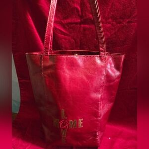 Hobo Red Leather Giving Tote Bag with 'LOVE' Applique - Women's Shoulder Bag